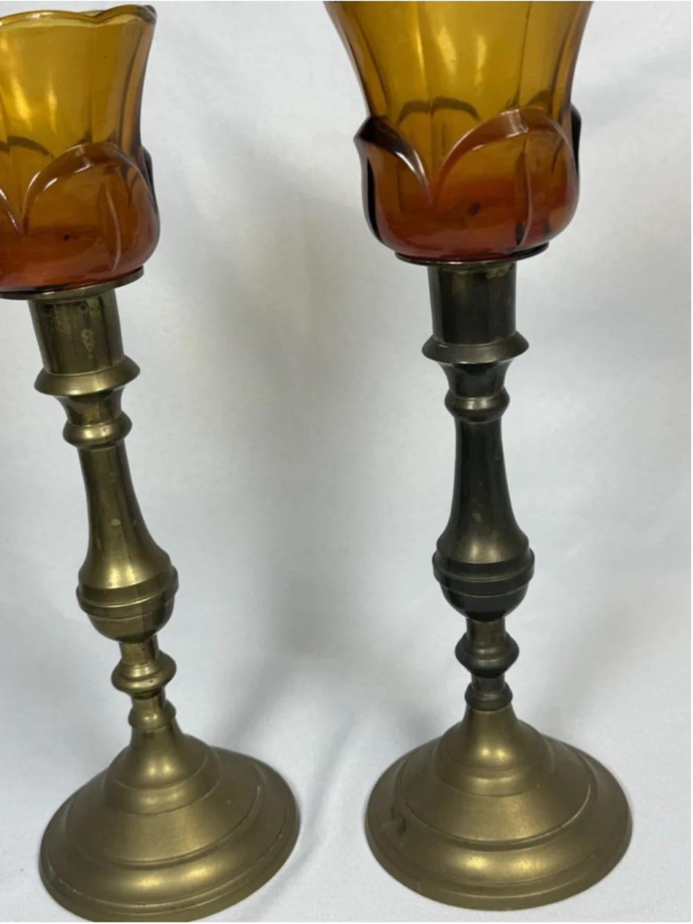 Pair Solid Brass Candlesticks Amber Glass Tulip Votive Holders Made In India